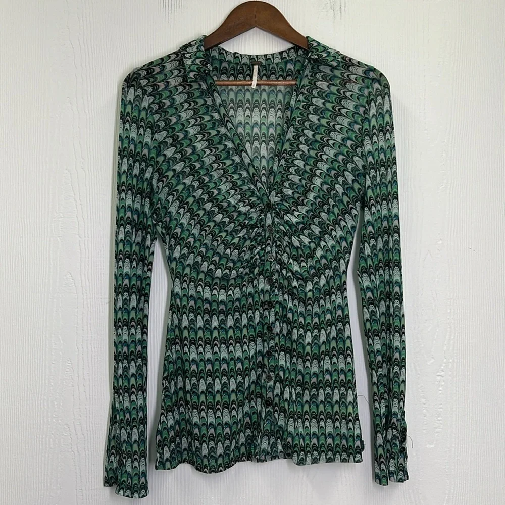 Free People - Green Fish Scale Button Down Ling Sleeve Sheer Blouse Size Small